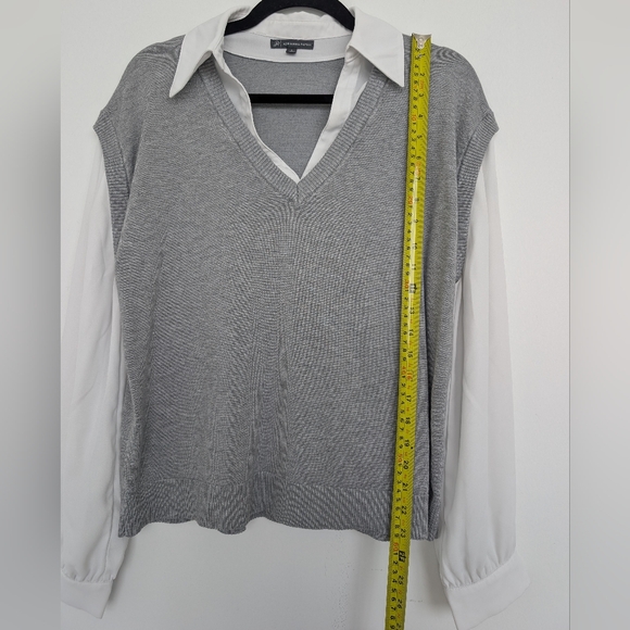 Adrianna Papell Mixed Media Chiffon And Knit Academia V-Neck Sweater Top Sz L - Picture 9 of 14